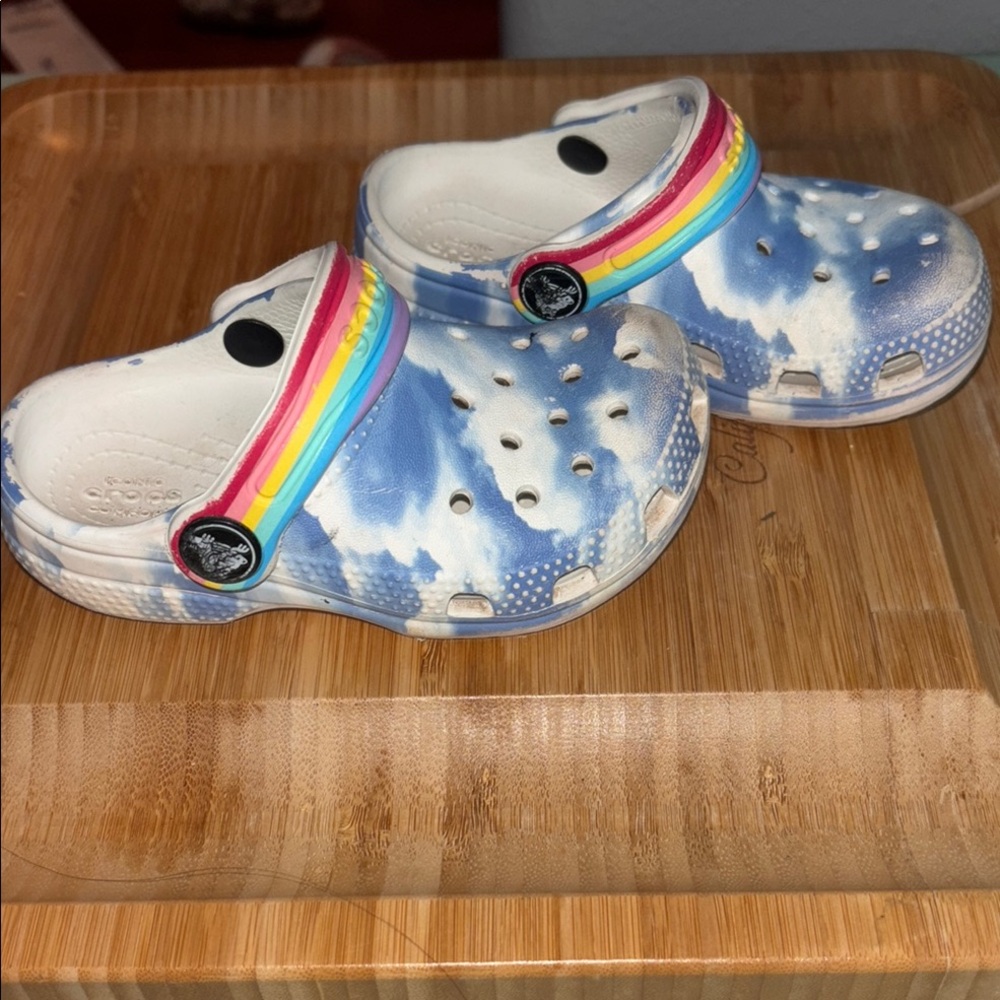 COPY - Kids Blue and White Crocs with Rainbow Strap